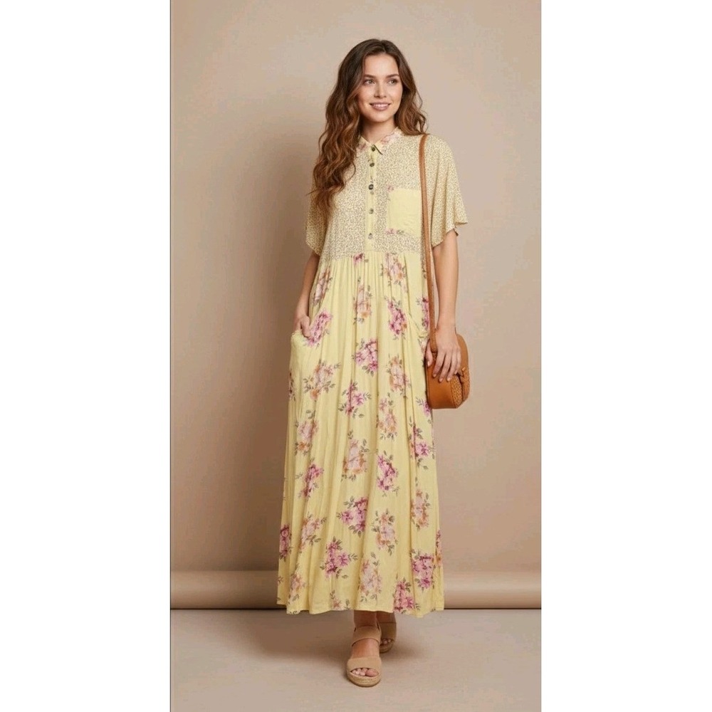 VTG 90's Praire Cottagecore Maxi Dress Modesty Dress Yellow Floral Women's Large
